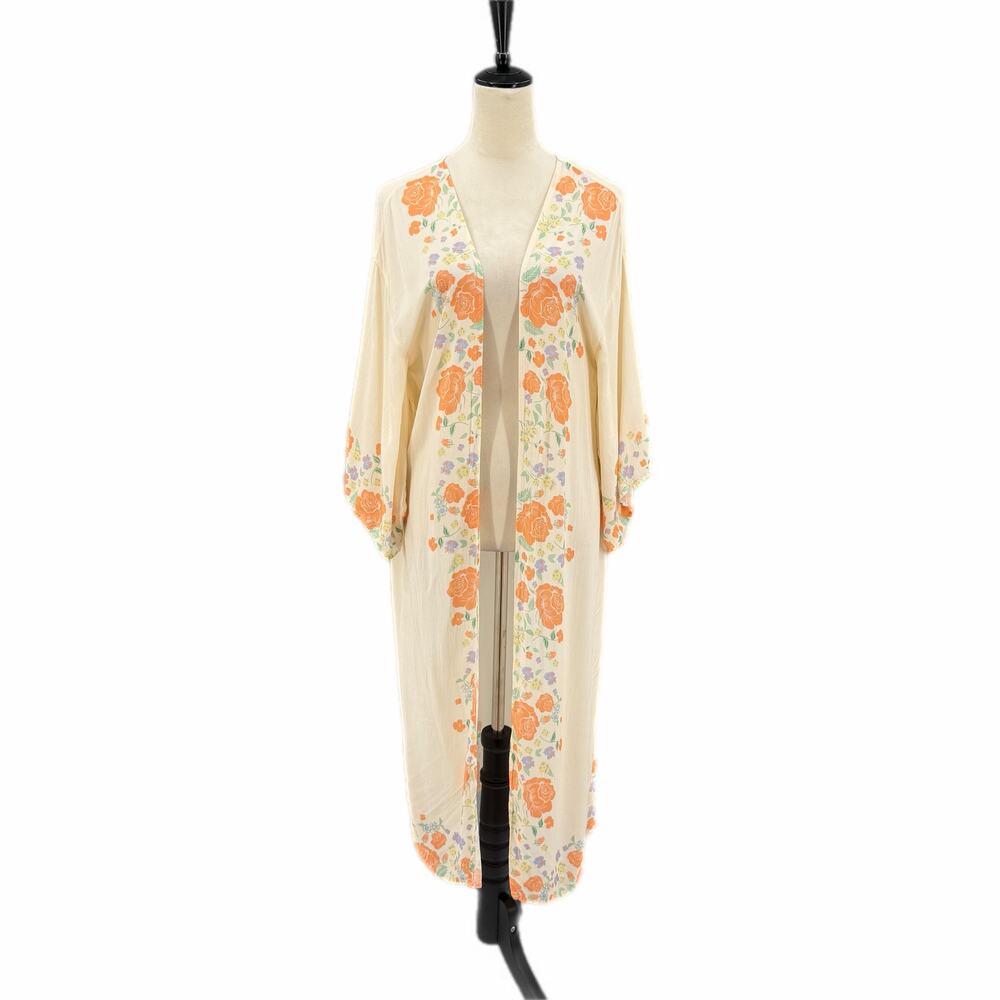 Urban Outfitters OS Cream Floral Print 3/4 Sleeve Layering Long Cardigan Kimono